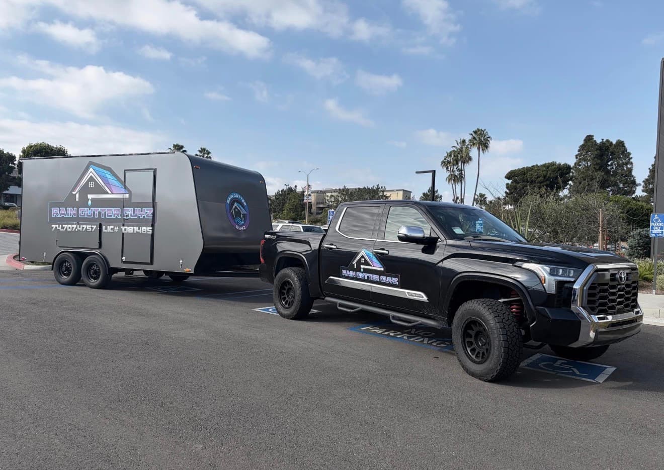 Rain Gutter Guyz branded truck and trailer ready for service in Southern California
